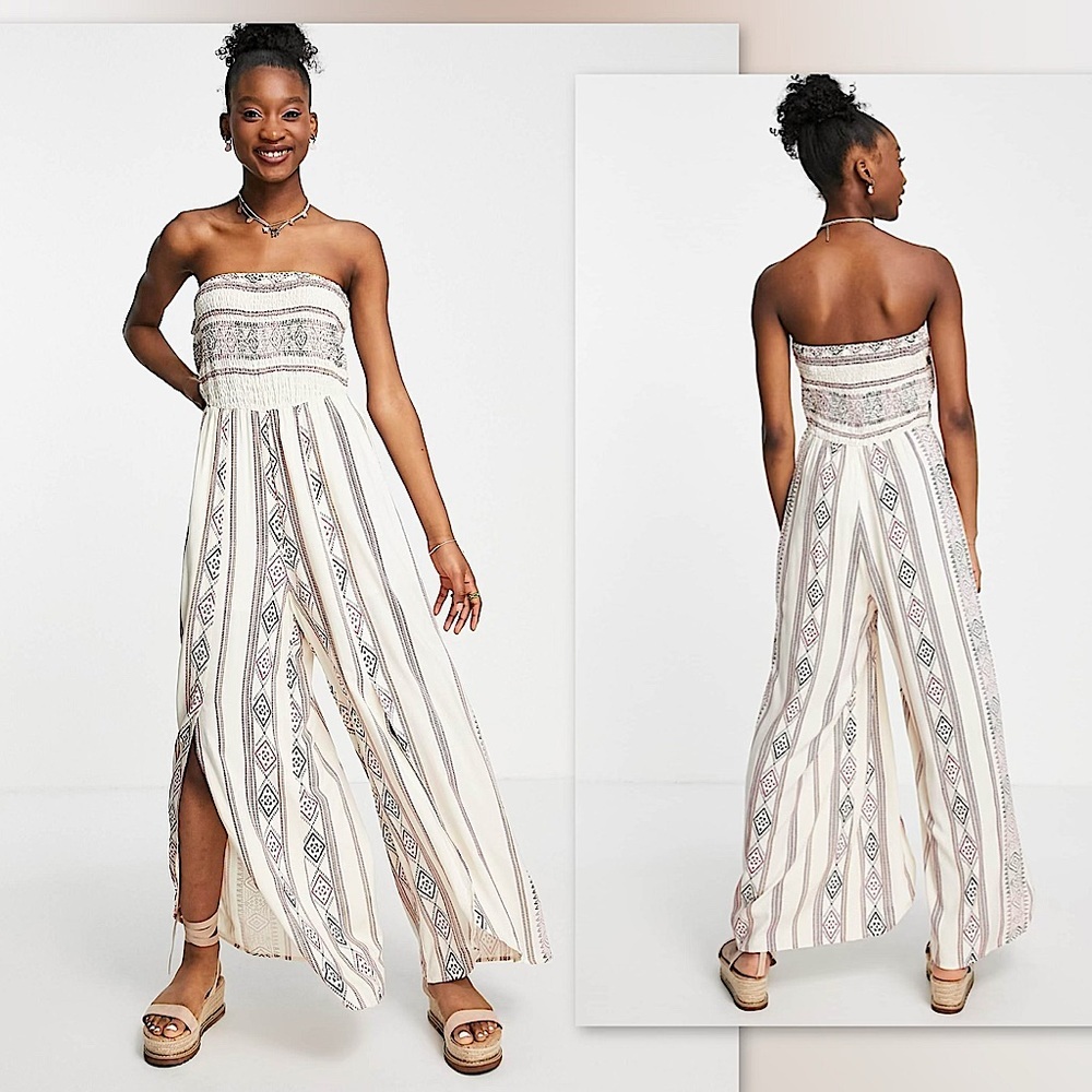 🍦En Crème Strapless Wide Leg Jumpsuit in Pink Creme Stripe